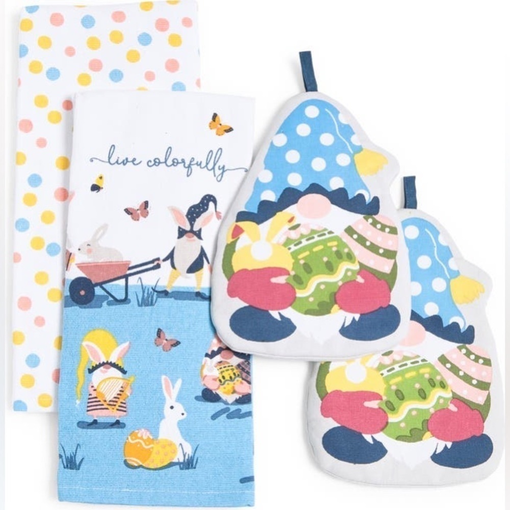 Live Colorfully Gnome Towel & Potholder Set, Blue Multi, NWT